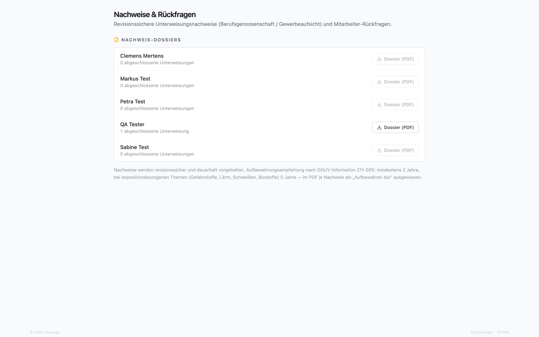 Nachweise-Übersicht in Hugo Safe: pro Mitarbeiter die Zahl der abgeschlossenen Unterweisungen und je ein Button „Dossier (PDF)“; darunter der Hinweis, dass Nachweise revisionssicher und dauerhaft vorgehalten werden, mit der DGUV-Aufbewahrungsempfehlung (mind. 2 Jahre, bei expositionsbezogenen Themen 5 Jahre)