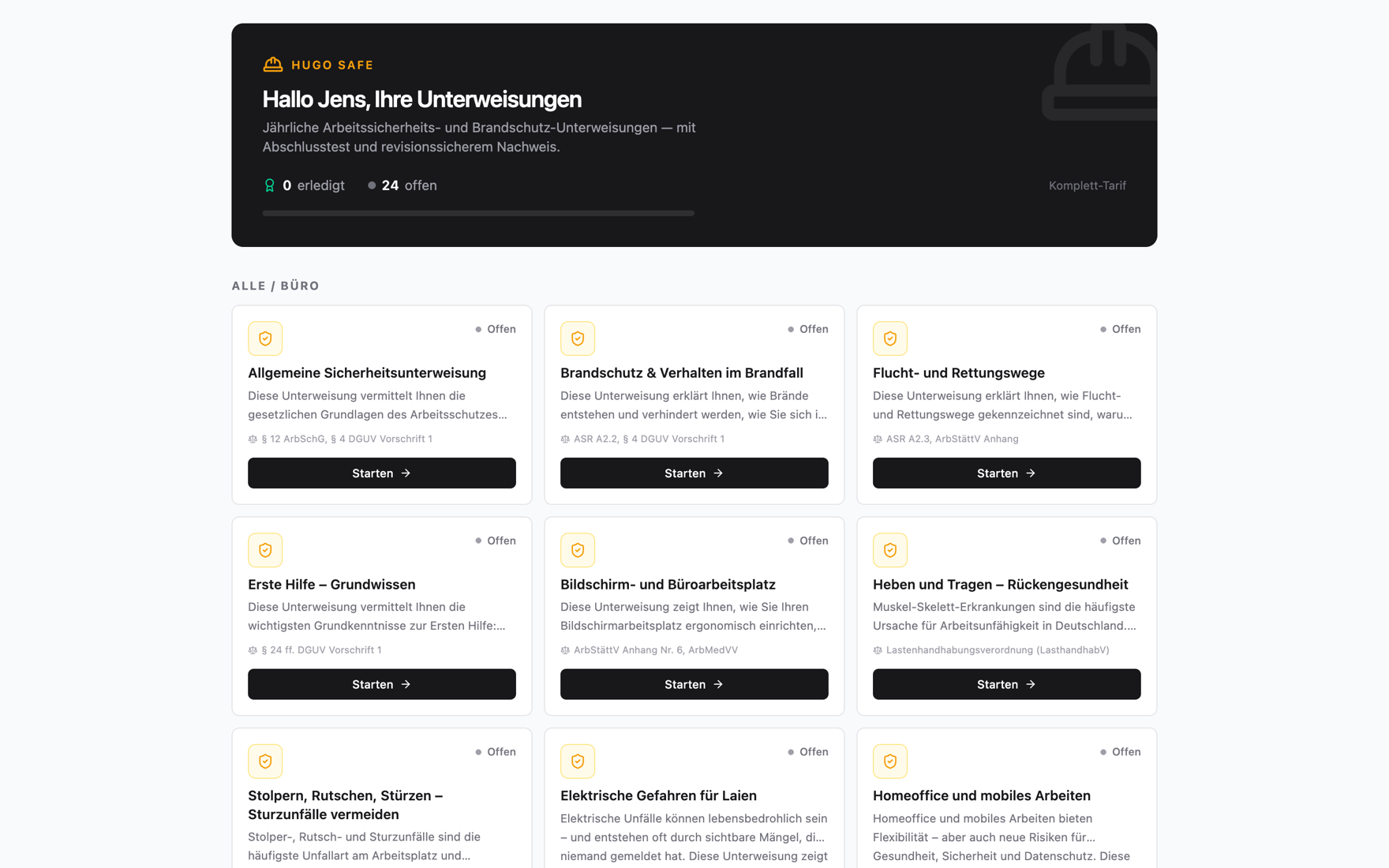 Hugo-Safe-Übersicht in der frag.hugo-Plattform: Begrüßungs-Banner mit Fortschritt (erledigt / offen) und Komplett-Tarif-Badge, darunter die Unterweisungs-Kacheln (Allgemeine Sicherheit, Brandschutz, Flucht- und Rettungswege …) mit der jeweiligen Rechtsgrundlage und „Starten“-Button