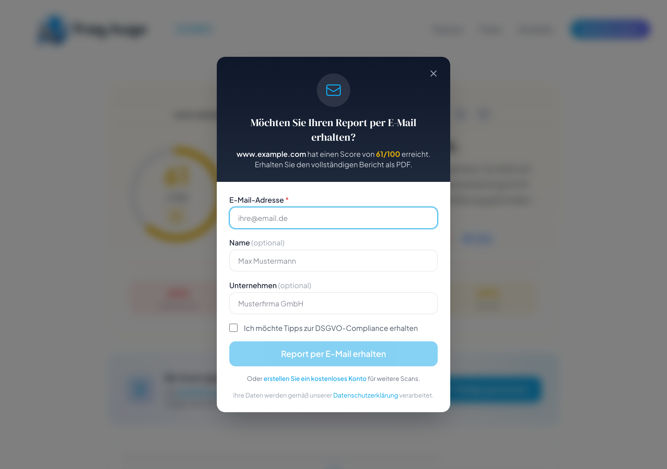 Ergebnis-Seite mit Score und Kategorien