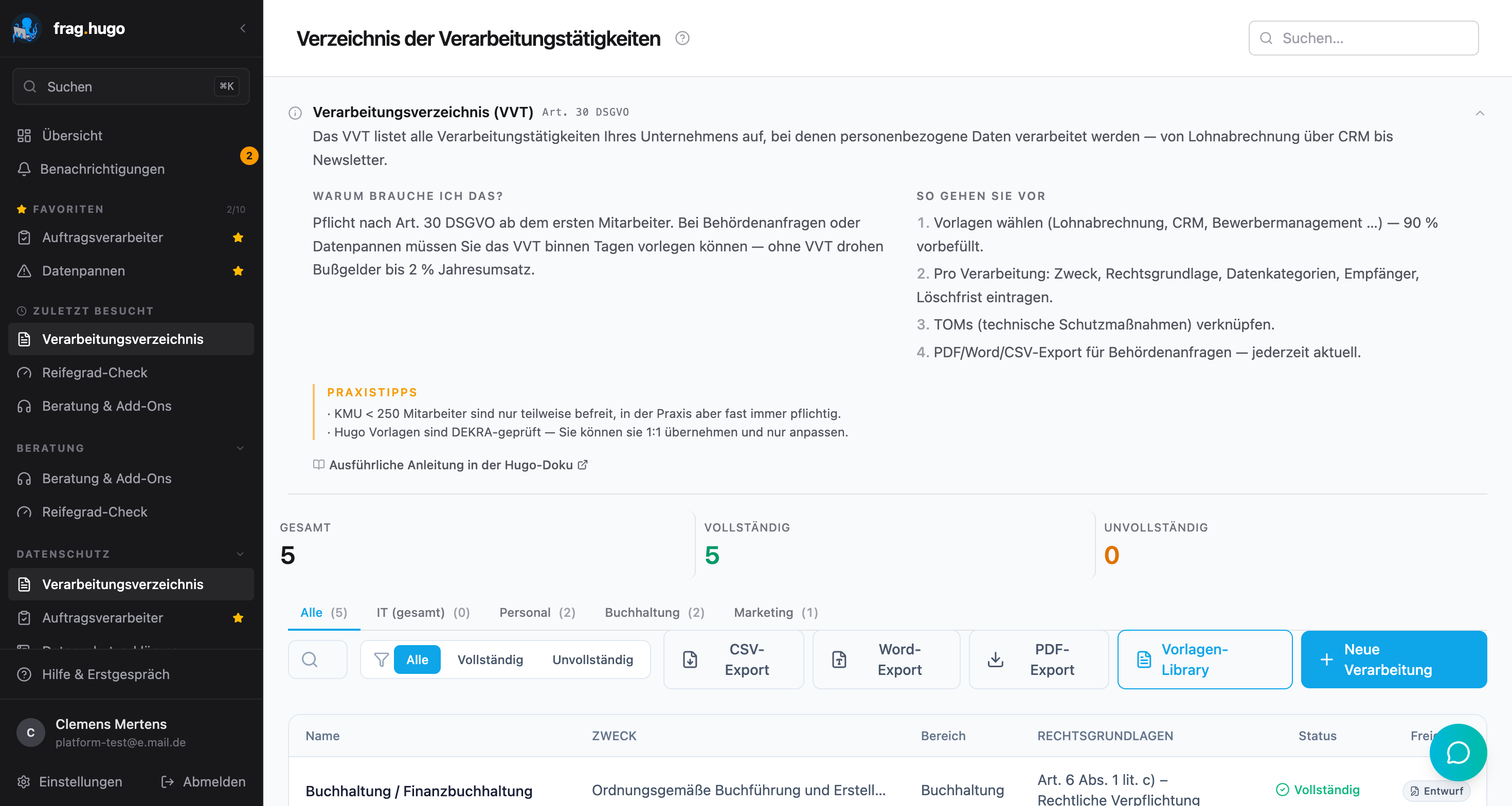 Datenschutz-Bereich der frag.hugo Plattform