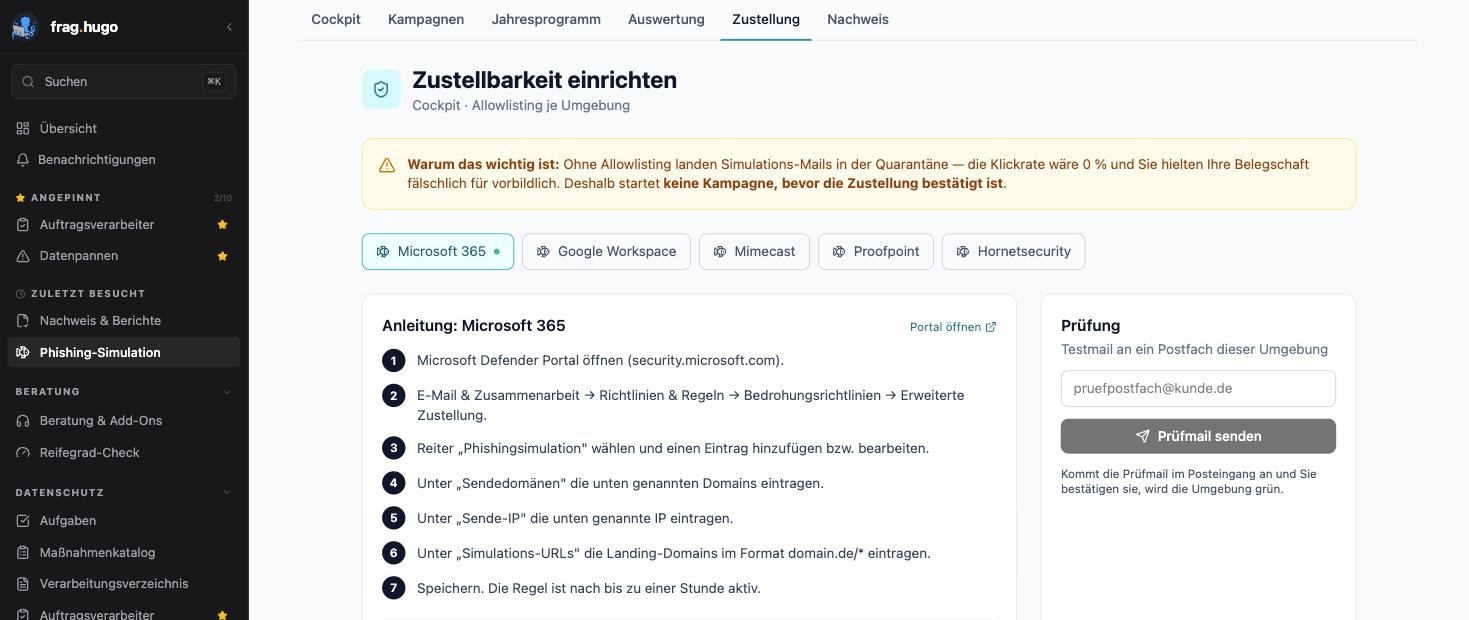 Der Assistent „Zustellbarkeit einrichten“ in der Plattform: links die Warnung zur Quarantäne und die Schritt-für-Schritt-Anleitung je Umgebung, rechts das Feld, um eine Prüfmail an ein Postfach zu senden. Oben die Statusampel je Umgebung.