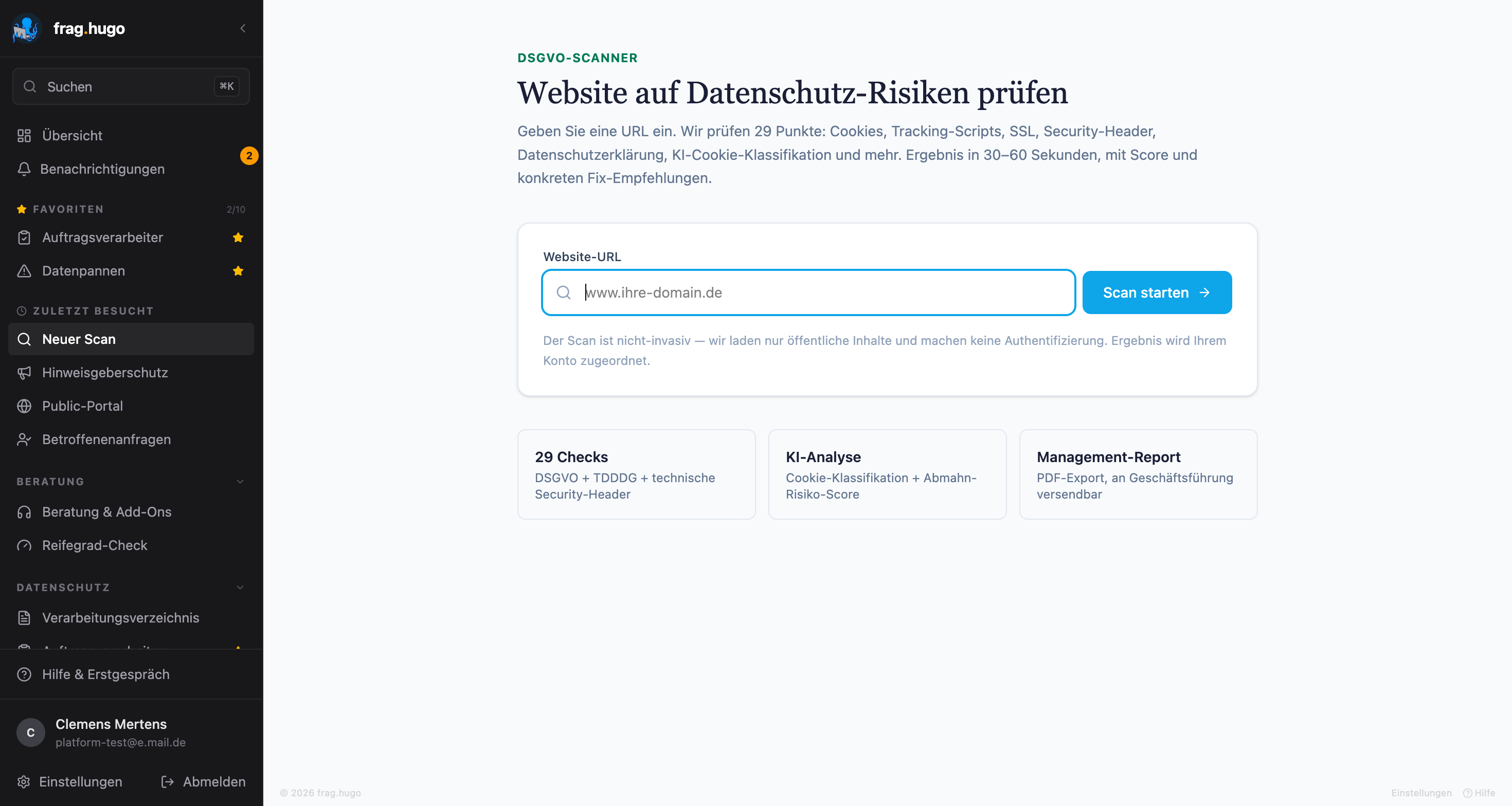Website-Scanner in der frag.hugo Plattform